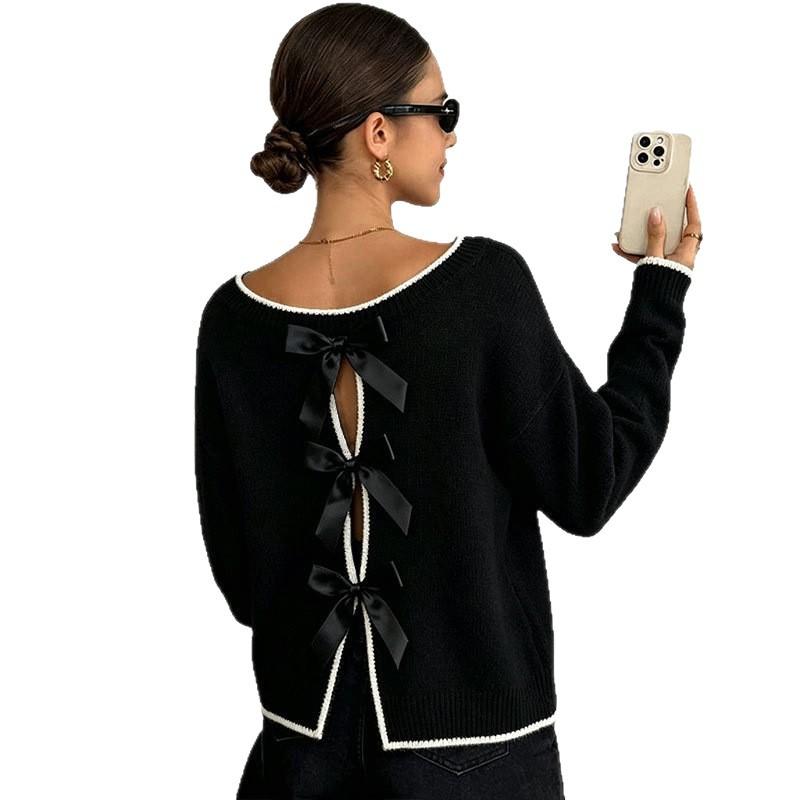 Europe and the United States cross-border autumn and winter women's sweater Amazon sexy fashion bow long sleeve pullover knitted sweater top women