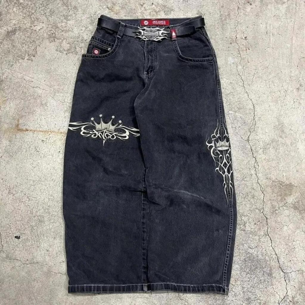 Bestickte Baggy-Jeans, Y2K-Kleidung, Herren und Damen, Harajuku, Hip Hop, bestickte Vintage-Blau-Baggy-Jeans, Low Rise, Hose mit weitem Bein