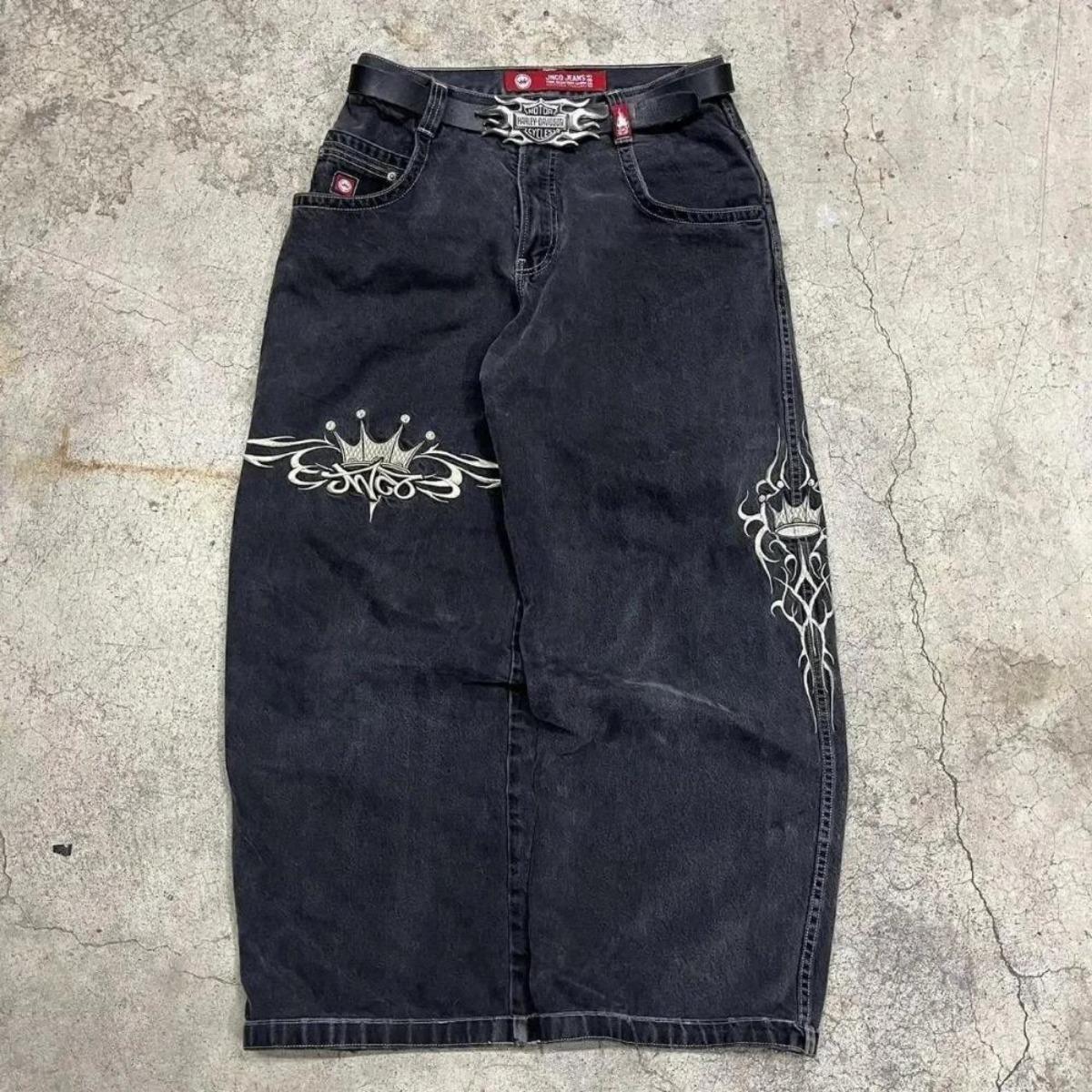 

Вишиті мішкуваті джинси Y2K Clothes Чоловіки Жінки Харадзюку Хіп-хоп Вишиті вінтажні сині мішкуваті джинси з низькою посадкою Широкі штани L