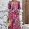 Vintage Dame Midi Kjoler Etnisk Stil Blomstertrykk V-Hals Løs Kjole Pluss Størrelse