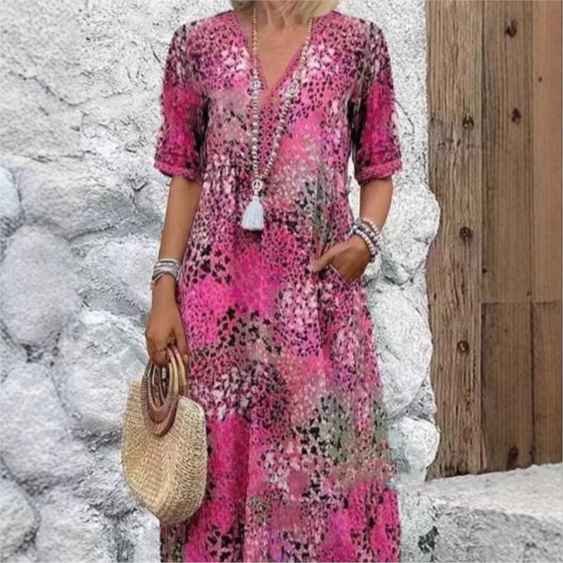 Vintage Dame Midi Kjoler Etnisk Stil Blomstertrykk V-Hals Løs Kjole Pluss Størrelse