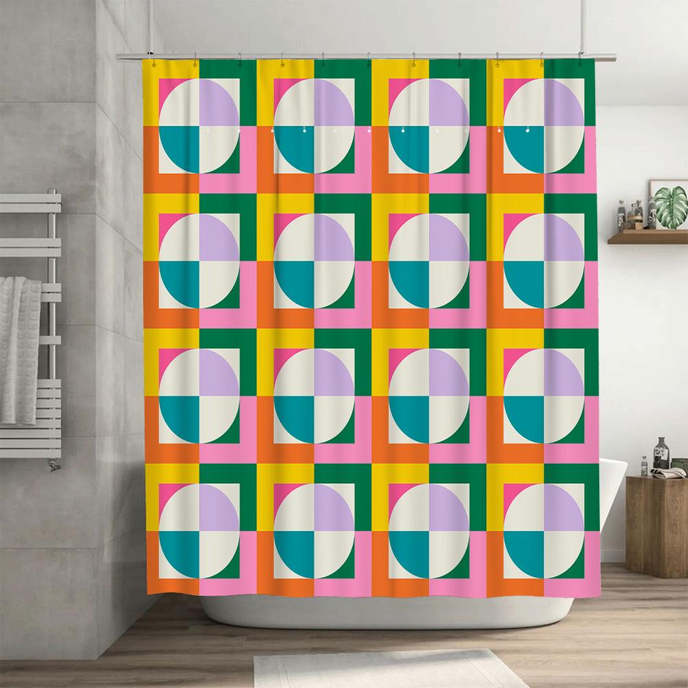 Bunte geometrische Duschvorhänge mit kreisförmigen Mustern für die Badezimmerdekoration modernes Design in Lila, Grün, Gelb, Weiß,
