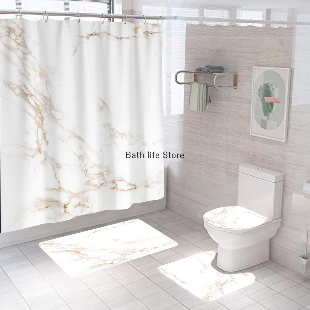 White Marble Shower Curtain Luxury Golden Modern With Non Slip Rug For Bathroom Curtain Waterproof Polyester Home Decor 180x180