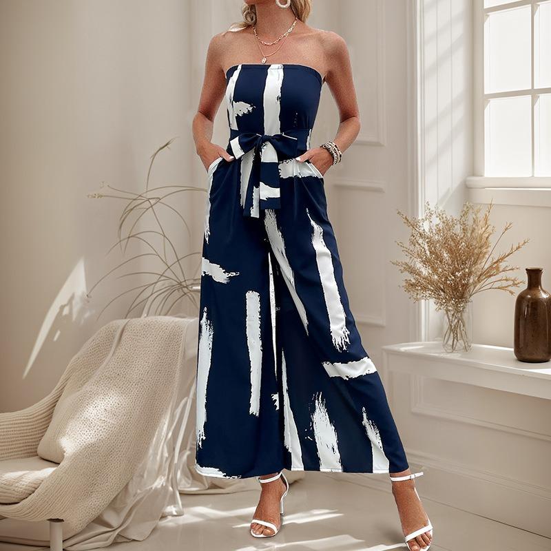 Vacation Wide-leg Pants Summer Printed Strapless Jumpsuit