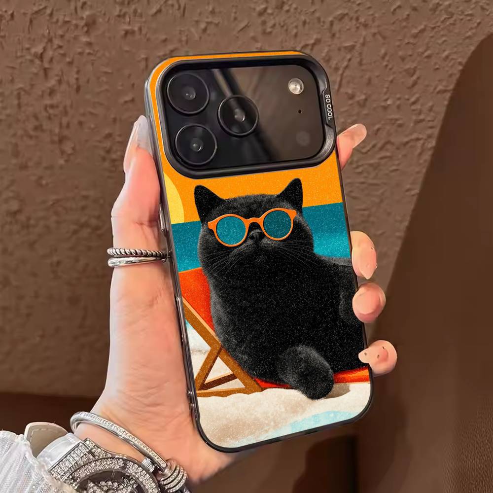 Cute Cool Sunglasses Cat  Phone Case For iPhone 17,16,15,14,13,12,11,Pro Max,Plus Candy Silver Cover