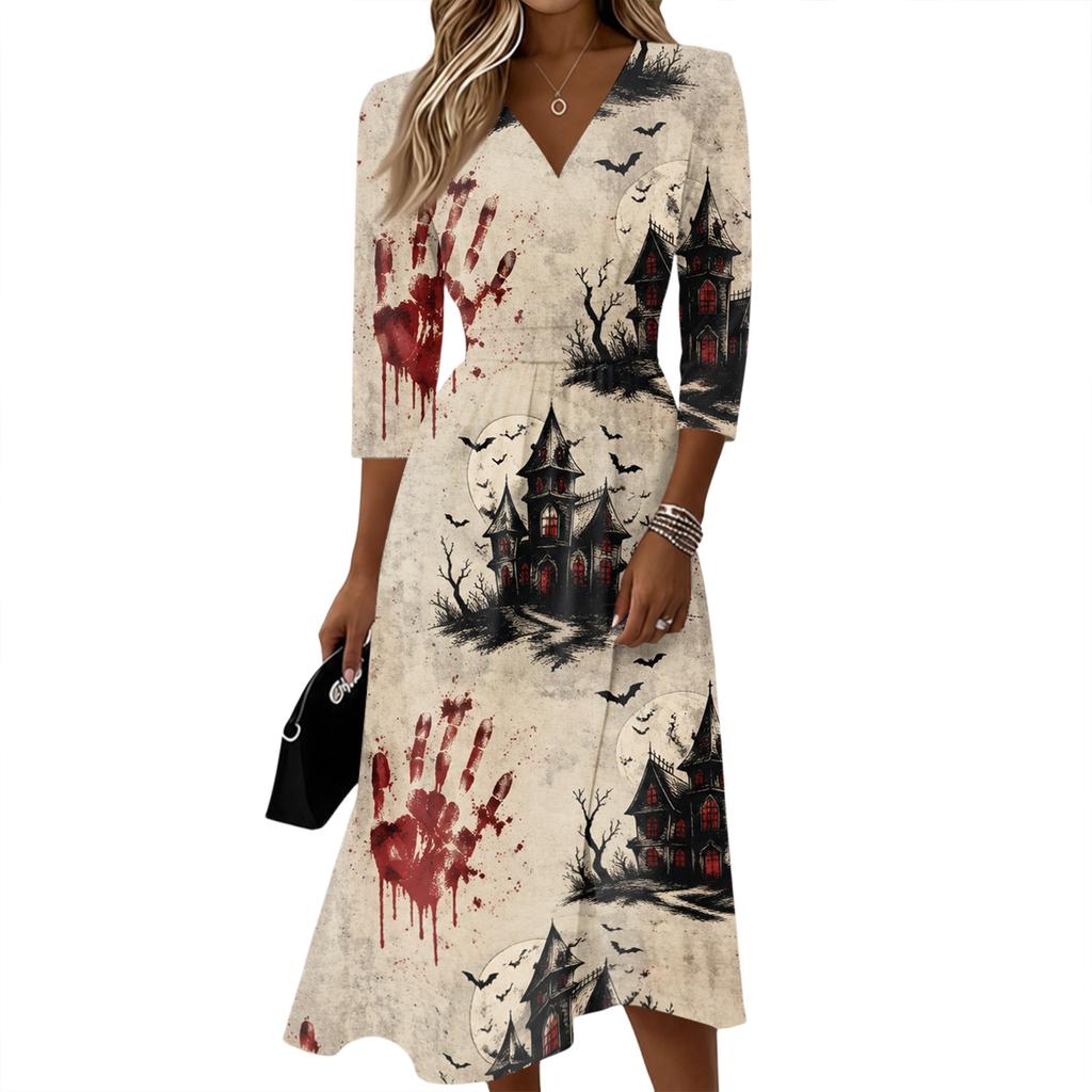 Women's Casual Three-Quarter Sleeve V-Neck Dress with Back Zipper for Everyday Wear