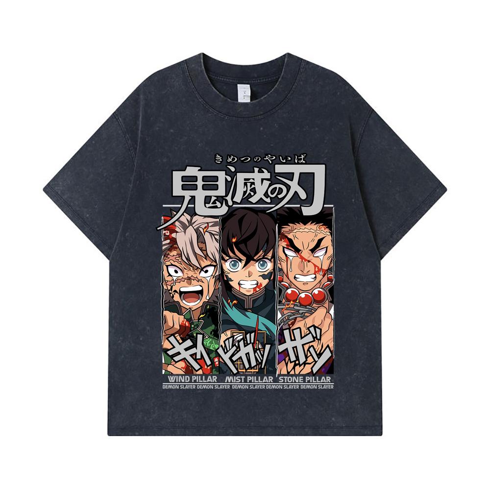 275 GSM Washed T-shirts 100% Cotton Demon Slayer V60 Pillars Print Unisex Heavy Cotton T Shirt