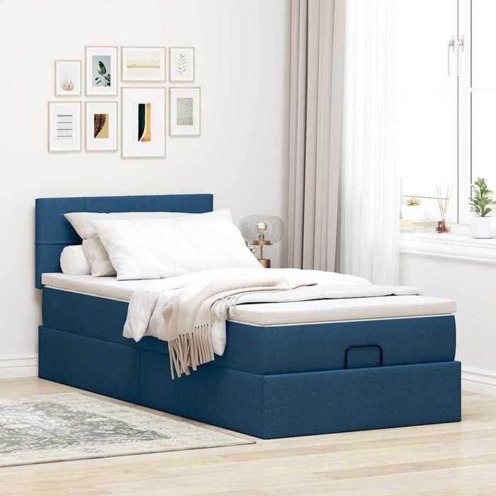 Bed Frame with Mattress - Maison Exclusive - 90x200 Cm - Blue Fabric - Integrated LED