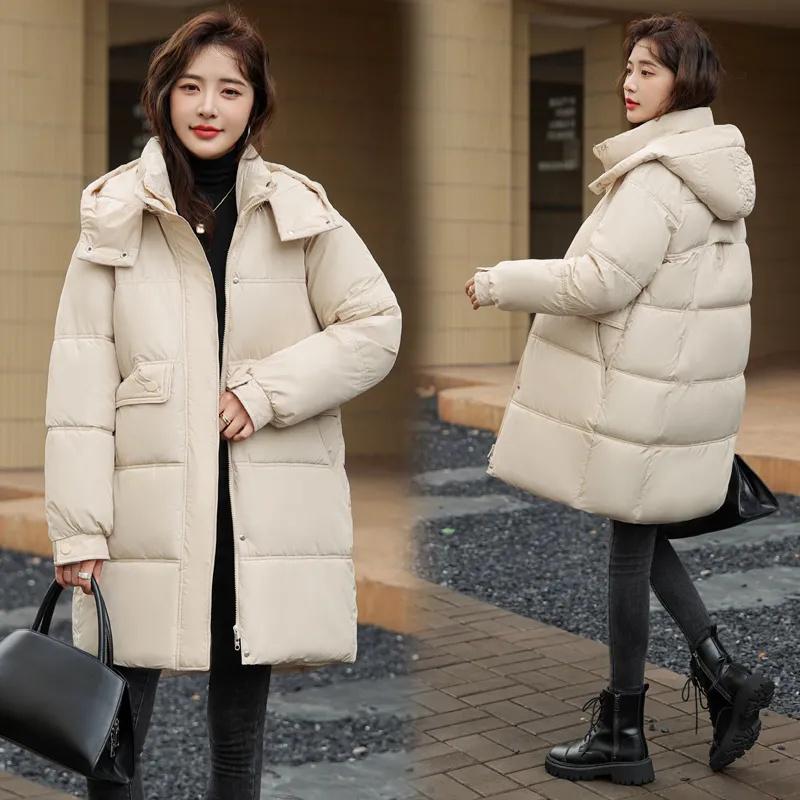 Winter Women Medium Long Jacket Parkas Female Down Cotton Jackets Solid Hooded Casual Warm Parka Female Outwear Overcoat