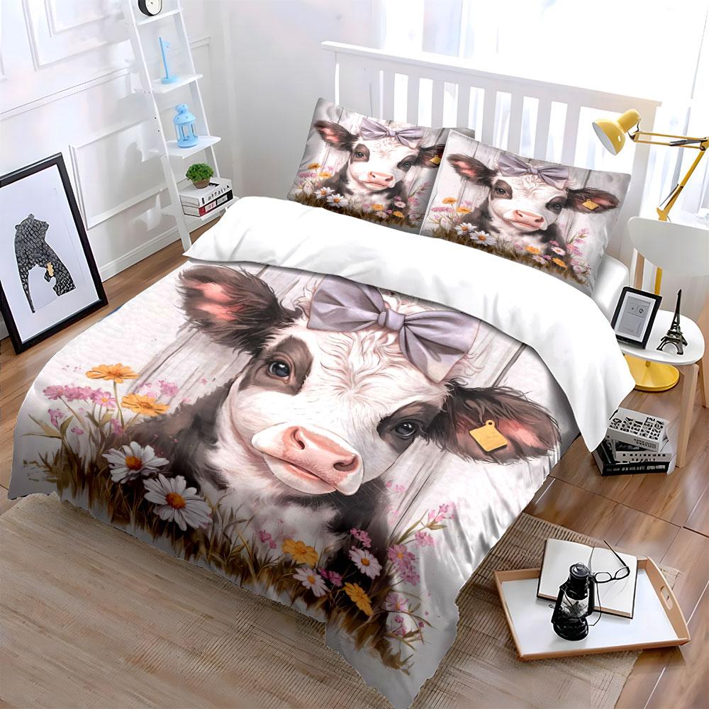 Cute Calf With Floral Decoration Duvet Cover Set With 3D Printing Design Soft Polyester Bedding Set All-Season Comfort