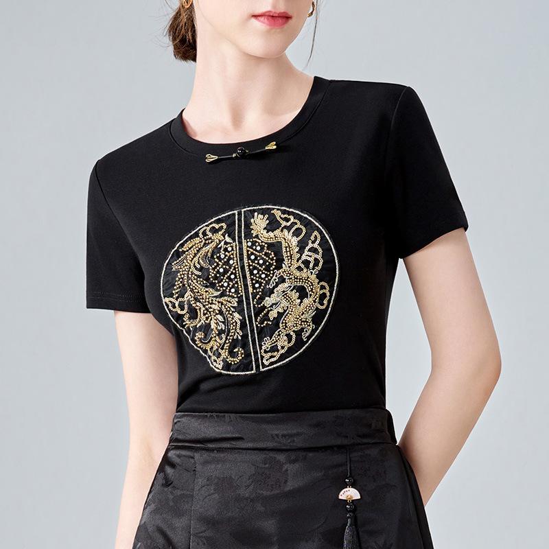 

Футболка с вышивкой в китайском стиле для женщин, новая женская футболка в стиле ретро с круглым вырезом и короткими рукавами, с пуговицами, новая китайская талия 3XL чёрный