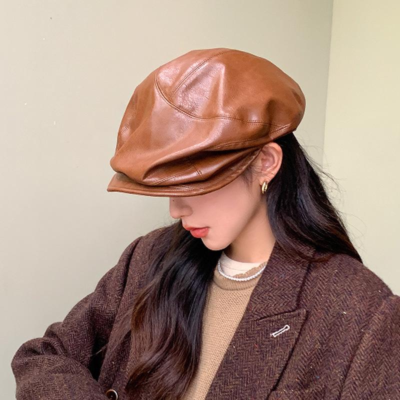 Black beret women's new spring and autumn forward hat big head circumference pleated leather octagonal painter hat