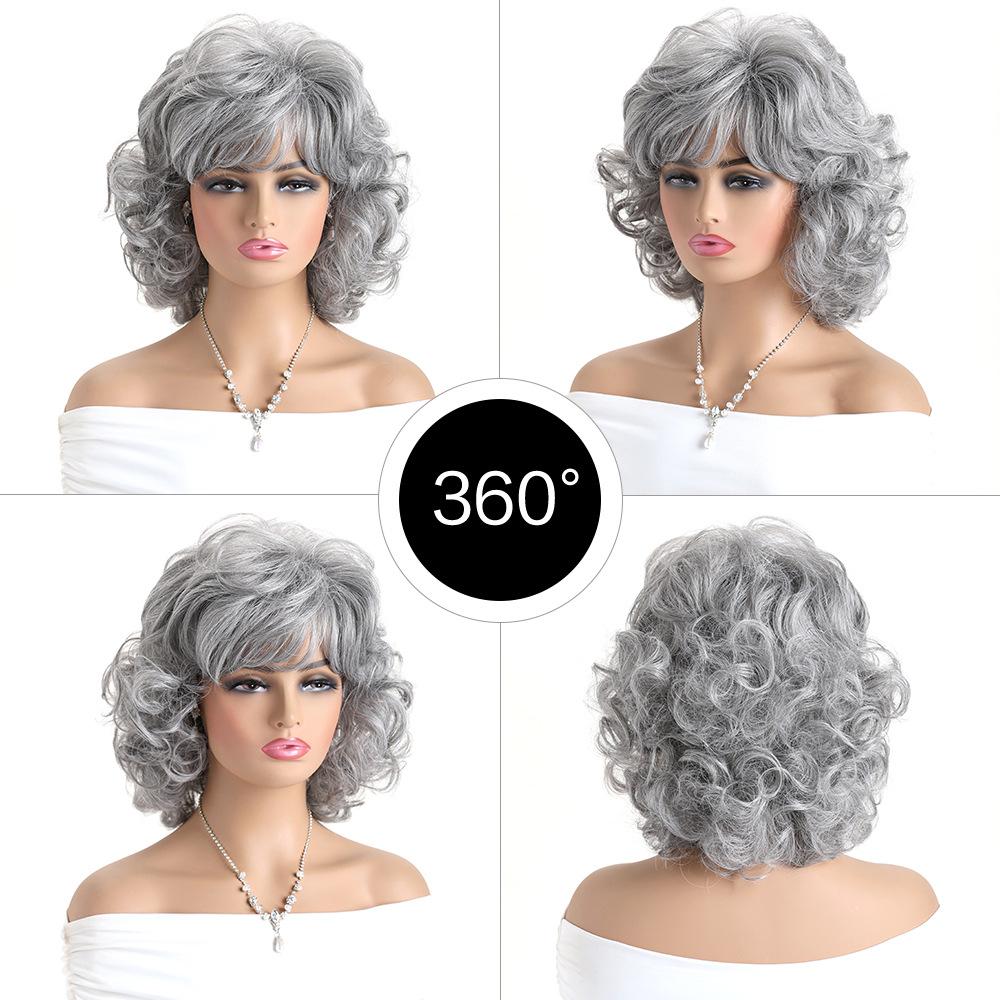 

Women Synthetic Short Wave Golden Brown Wig with Bangs Natural Looking Fluffy Blonde Gray Hair Daily Party Cosplay Heat Resistant Fibre сірий колір