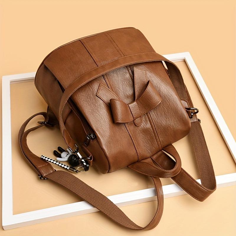 Classic Retro Bowknot Decor Backpack, Solid Color Textured Storage Rucksack, All-Match Pu Leather Storage Daily Daypack For Work