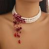 Multilayer Vintage Red Blood Pattern Imitation Pearl Tassel Pendant Necklace for Women Goth Crystal Bead Chain Halloween Jewelry