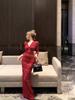 Red Slim Fit Long Sleeve Lace Dress - Spring/Summer Waist-Cinched Evening Gown with French Royal Elegance