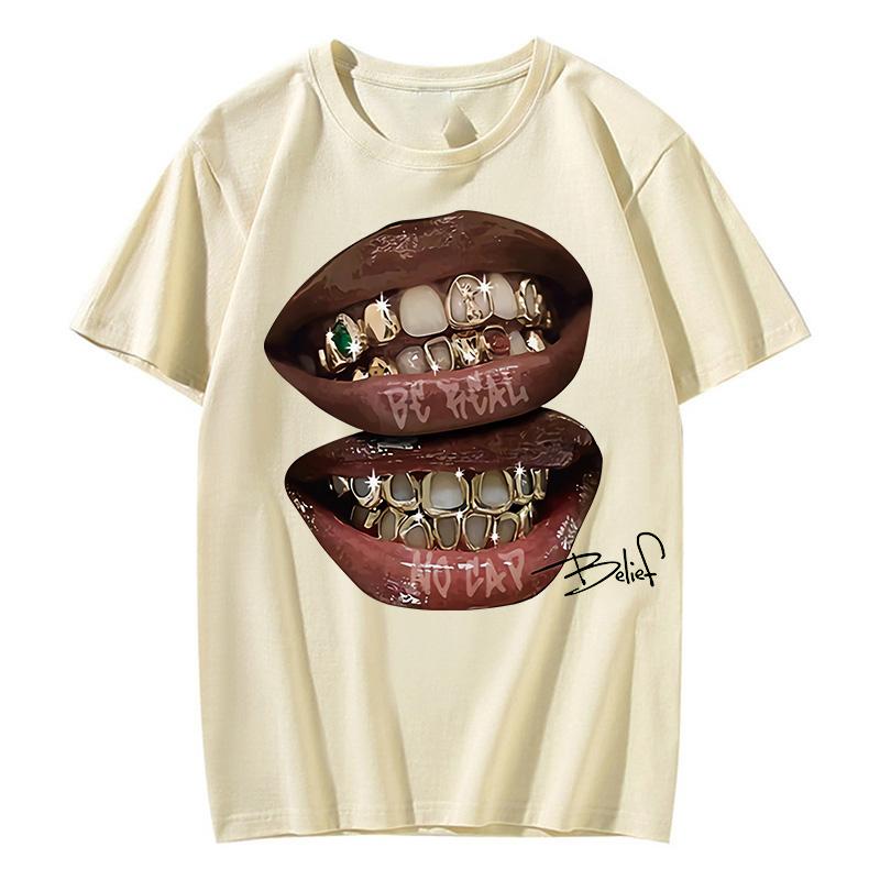 Chic Lips Golden Teeth Vintage Tee Rock Goth Casual Summer Short Sleeve High Street Oversized T Shirt Harajuku Graphic Print
