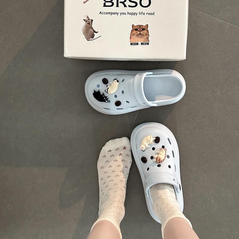 Cute Cartoon Kitten Girl Hole Shoes Summer Fashion EVA Outside Wear Non-slip Beach Casual Bag Head Slippers Tide