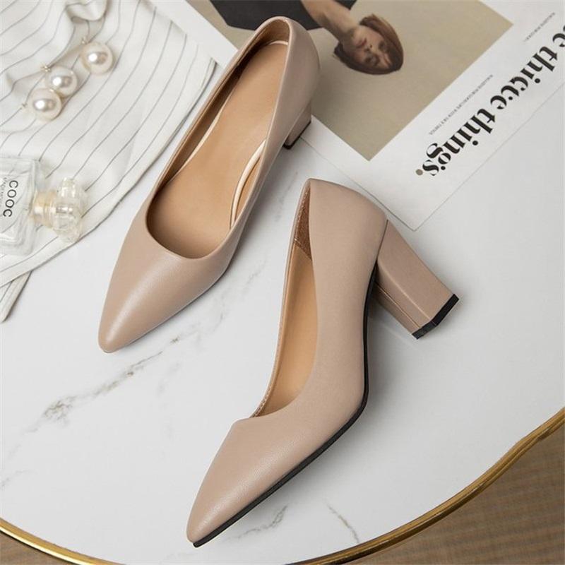 New Korean Style Black Pointed Toe Low-cut Block Heel Pumps, Slip-on Simple Professional Women's Shoes