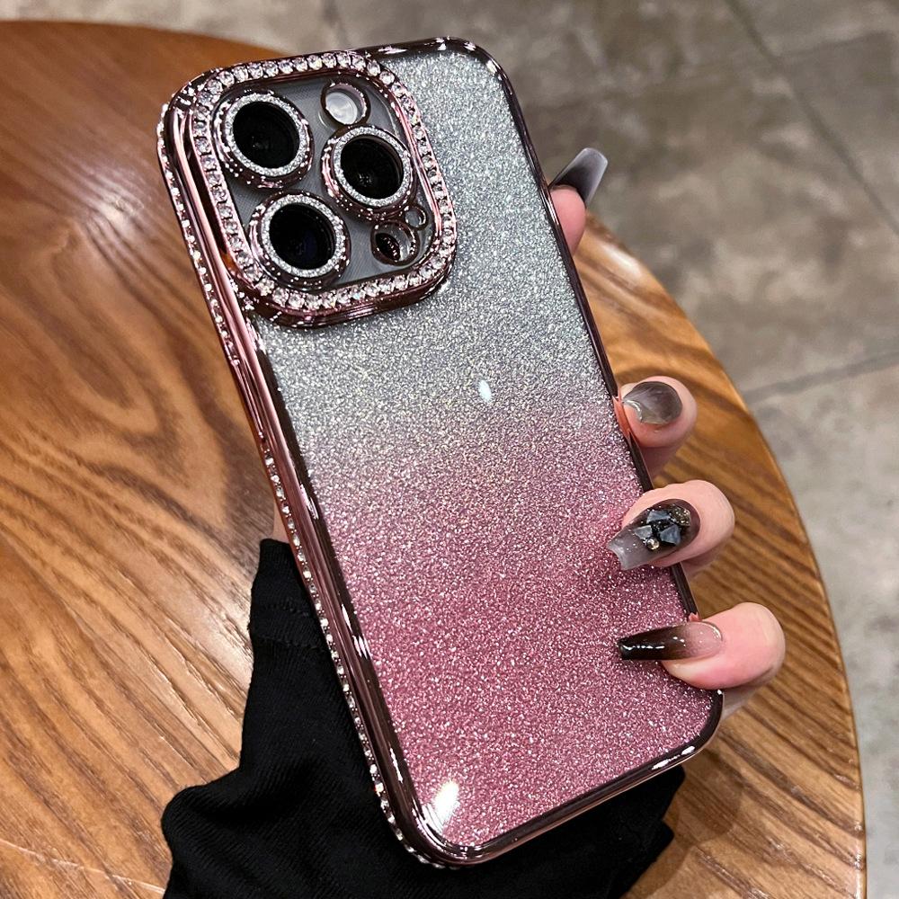 Suitable for IPhone16promax Phone Case Electroplated Edge Diamond, Apple 15 Silicone Case 1314 Gradient Glitter