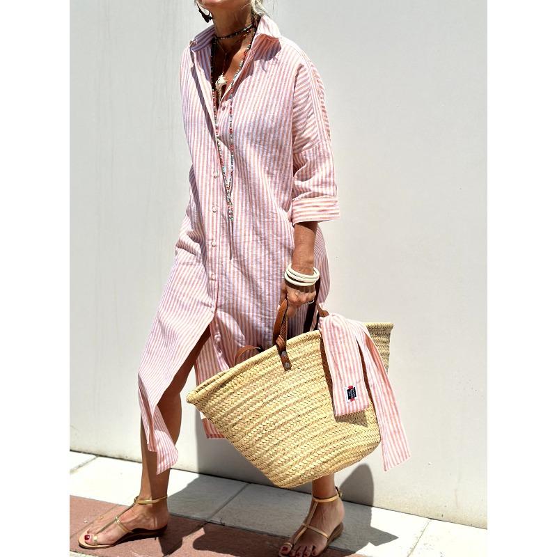 Wish Autumn Five-quarter Sleeve Striped Split Shirt Dress Women