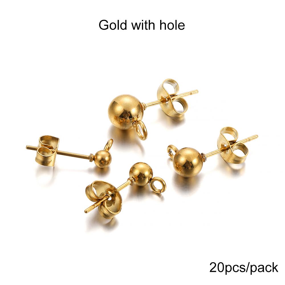 20pcs/lot Gold Stainless Steel Round Ball Earring Post Stud With Earring Plug Findings Ear Back For DIY Jewelry Making Supplies