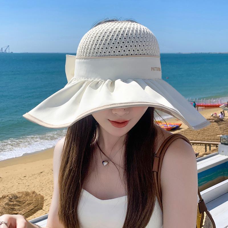 Casual Women Summer Wide Brim Sun Visor Hat Adjustable UV Protection Bow Knot Foldable Sport Empty Top Cap Beach Cap Sun Hat