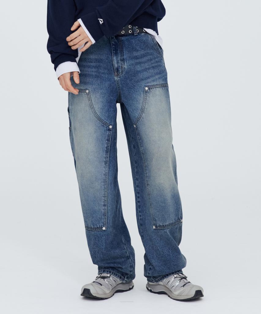 Modenaleudeo Double Knee Wide Denim Pants (Medium Blue)