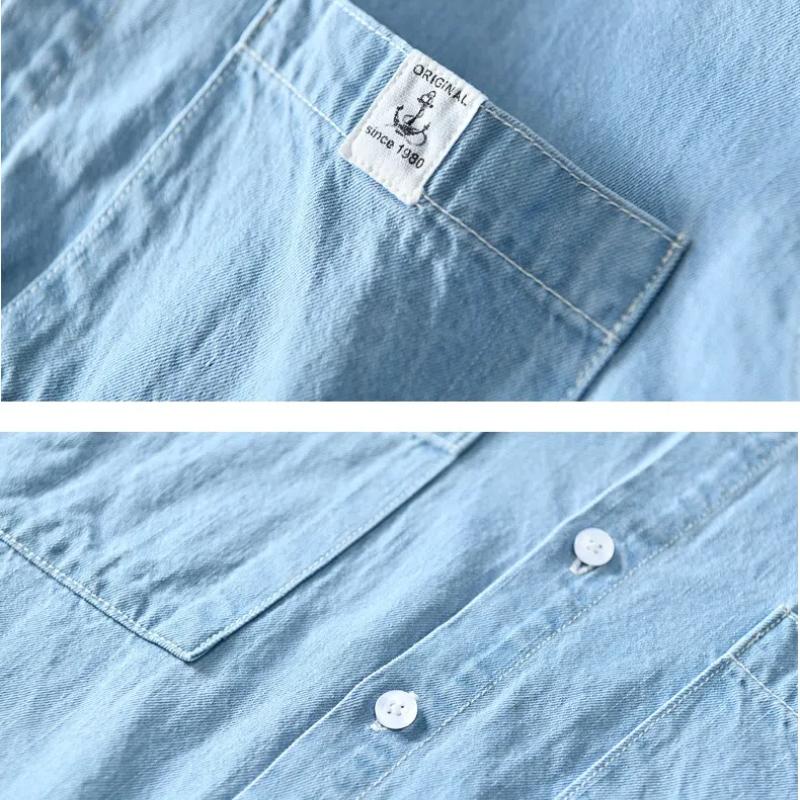 Letní klasické džínové košile s krátkým rukávem pro muže, mládež, denní ležérní, čistá bavlna, odhalený límec, modré džíny s dvojitými kapsami