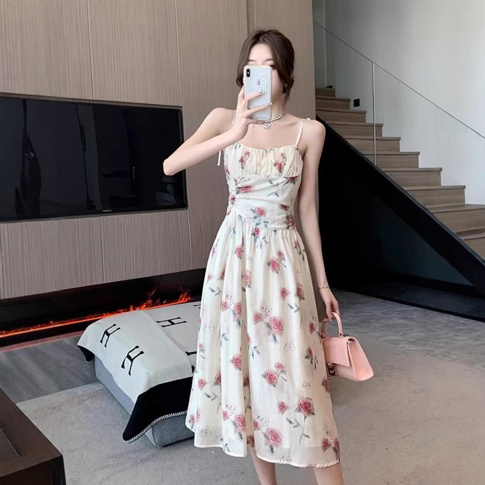 Romantic coffee break dress summer new suspender rose French waist floral seaside vacation fairy skirt tide