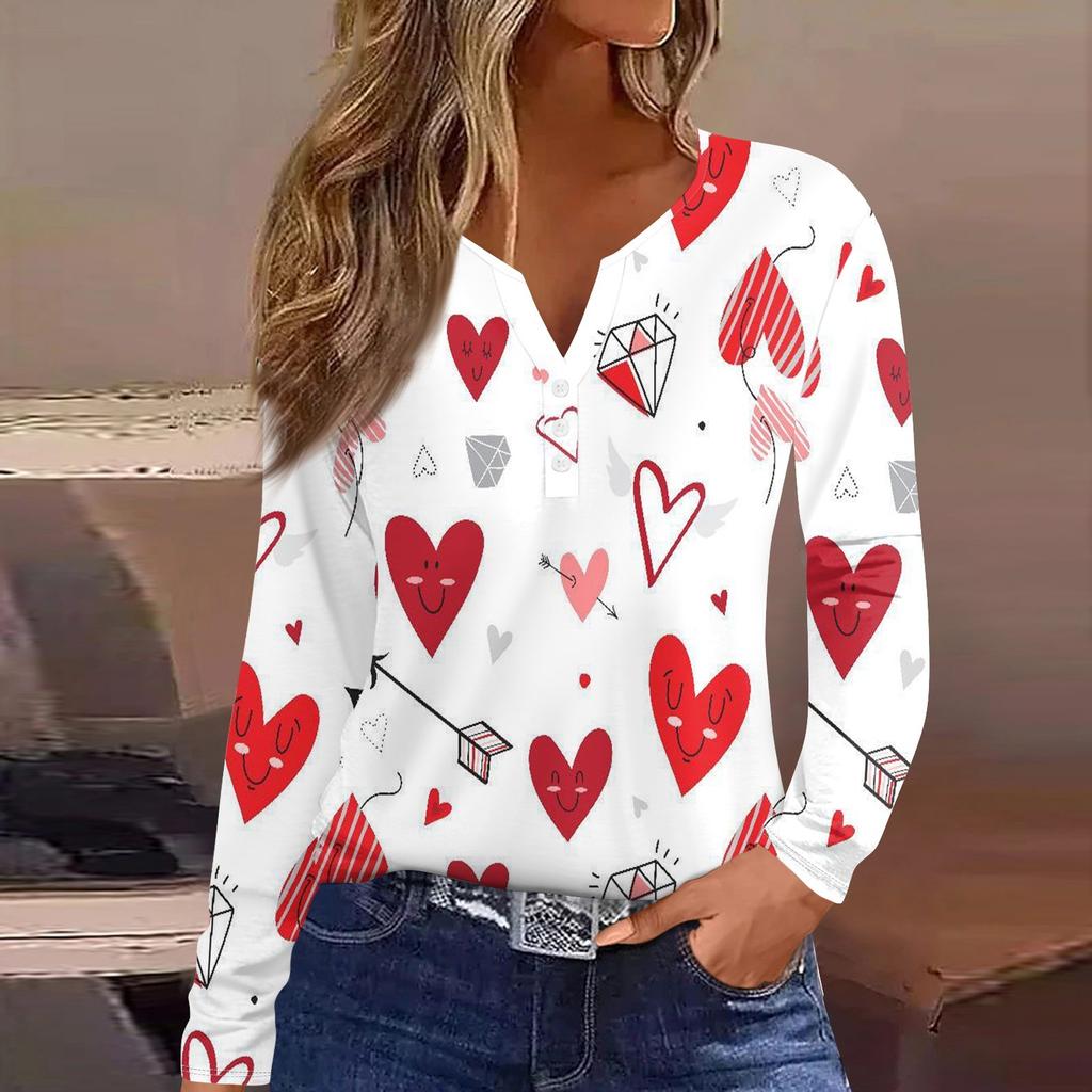 Damenmode Lässig Valentinstag Bedruckt V-Ausschnitt Langarm Knopfleiste T-Shirt Top