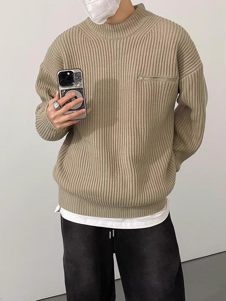 Мужской свитер крупной вязки с воротником-стойкой - Осенне-зимний свободный повседневный пуловер 2XL