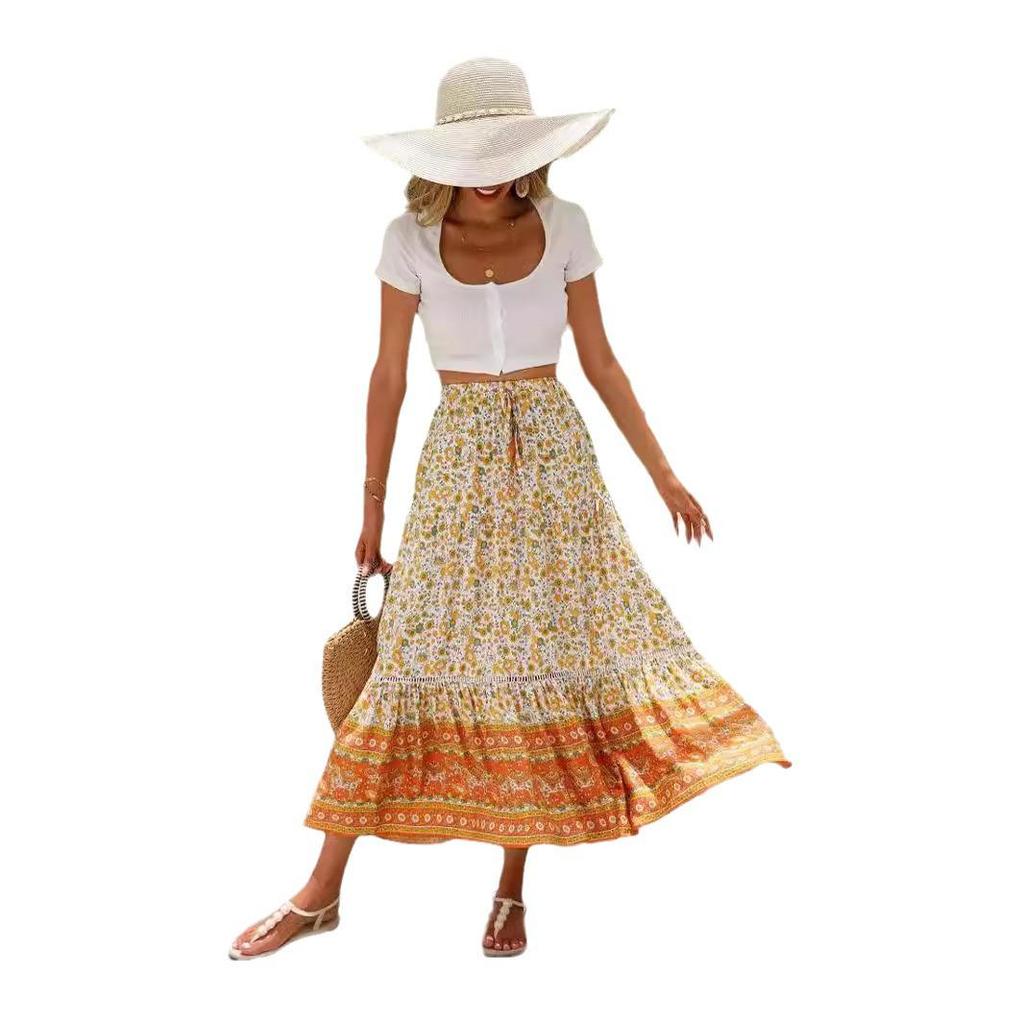 Bohemian Rayon Lace Spliced Long Dress for Beach Vacations