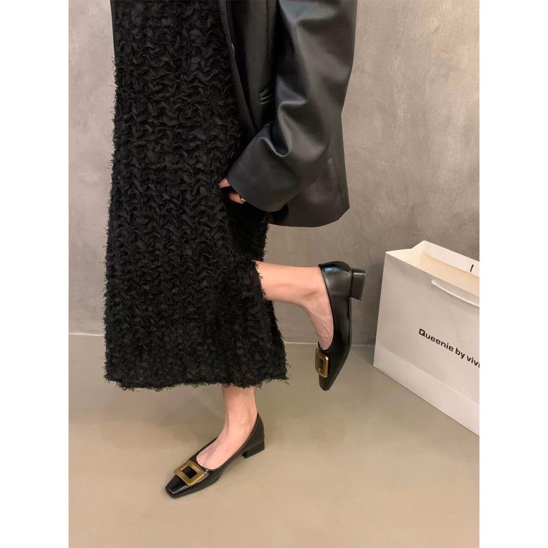 Thick Heel Square Head Single Shoes Women's Shoes New Spring and Autumn One-pedal Retro Versatile Black Commuter Shoes
