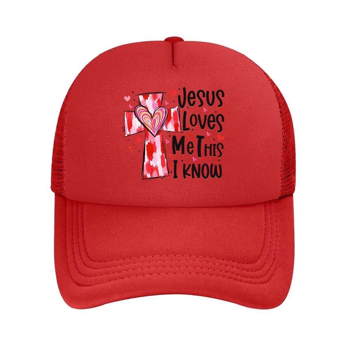 Jesus Loves Me This I Know Cross Heart Valentine Mesh Baseball Cap Hip Hop Adjustable