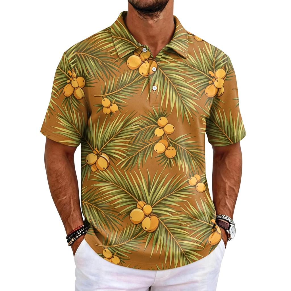 Men's Short Sleeve Polo Shirt Hawaiian Style Loose Fit Casual Top Button Down Collar Soft Fabric All Over Print Design