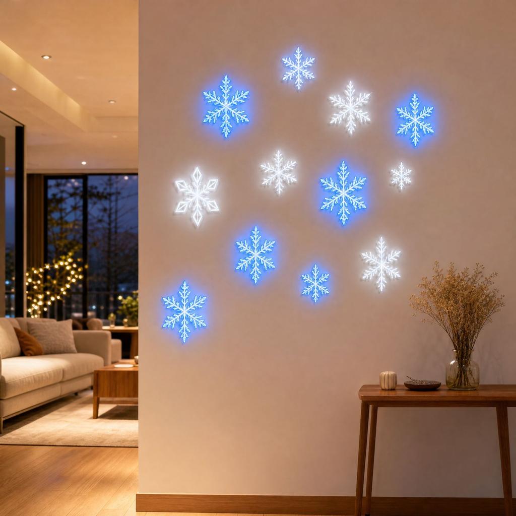 6 Blue and 6 Snowflake Wall Lights Set for Indoor Holiday Wall Decorations