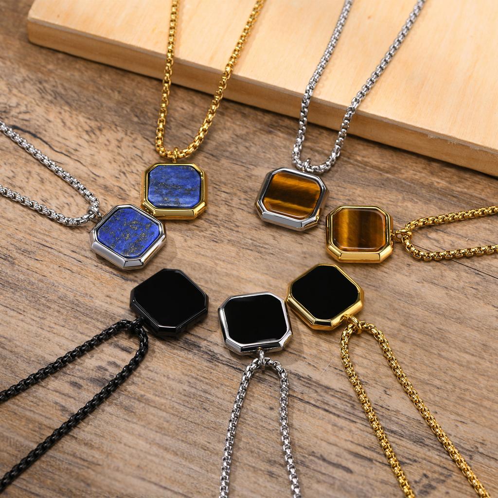 Vnox Quadratische Naturstein Halsketten für Herren, Stilvoller Punk Edelstahl Geometrisches Polygon Anhänger Junge Männliches Geschenk Schmuck