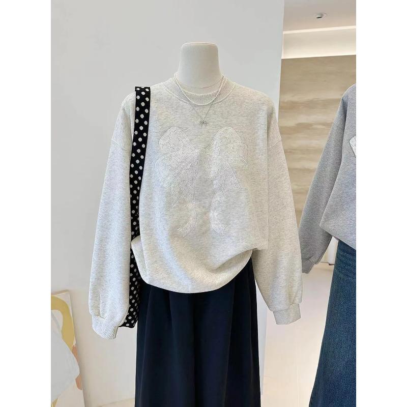 Lace Embroidered Bow Autumn Korean Style Versatile Long-sleeved Pullover Round Neck Sweatshirt Casual Women's Top