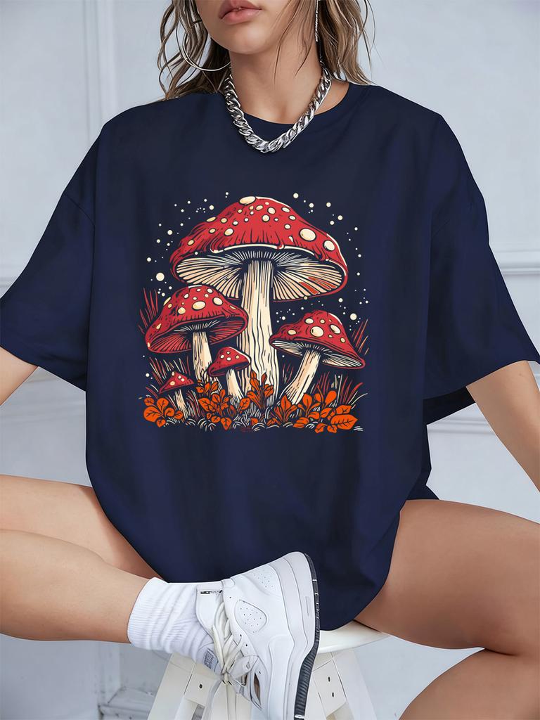 Red Mushroom Personality Prints TShirt Women Cotton Summer Short Sleeve T Shirt Soft Loose ONeck Tops Casual Woman Clothes