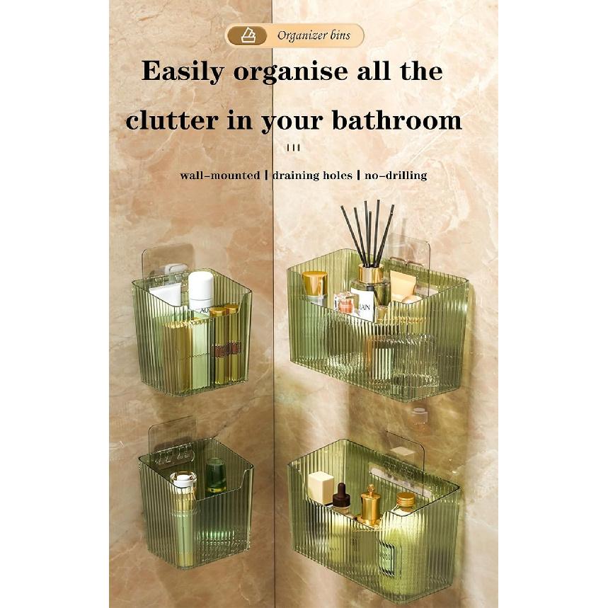 Set Of 2 Storage Organizer Bins Wall Mounted Shower Basket, Shower Caddy Stackable Clear Plastic Makeup Organizer Adhesive Hanging Bin for Bathroom,