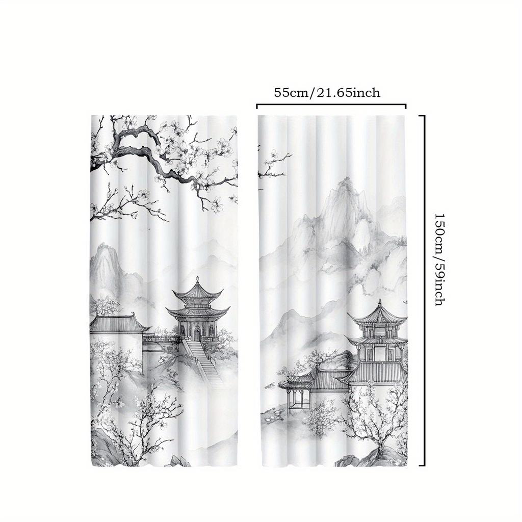 2pcs Asian Red Cherry Blossom Curtains   Traditional Ink Style for Living Room and Bedroom
