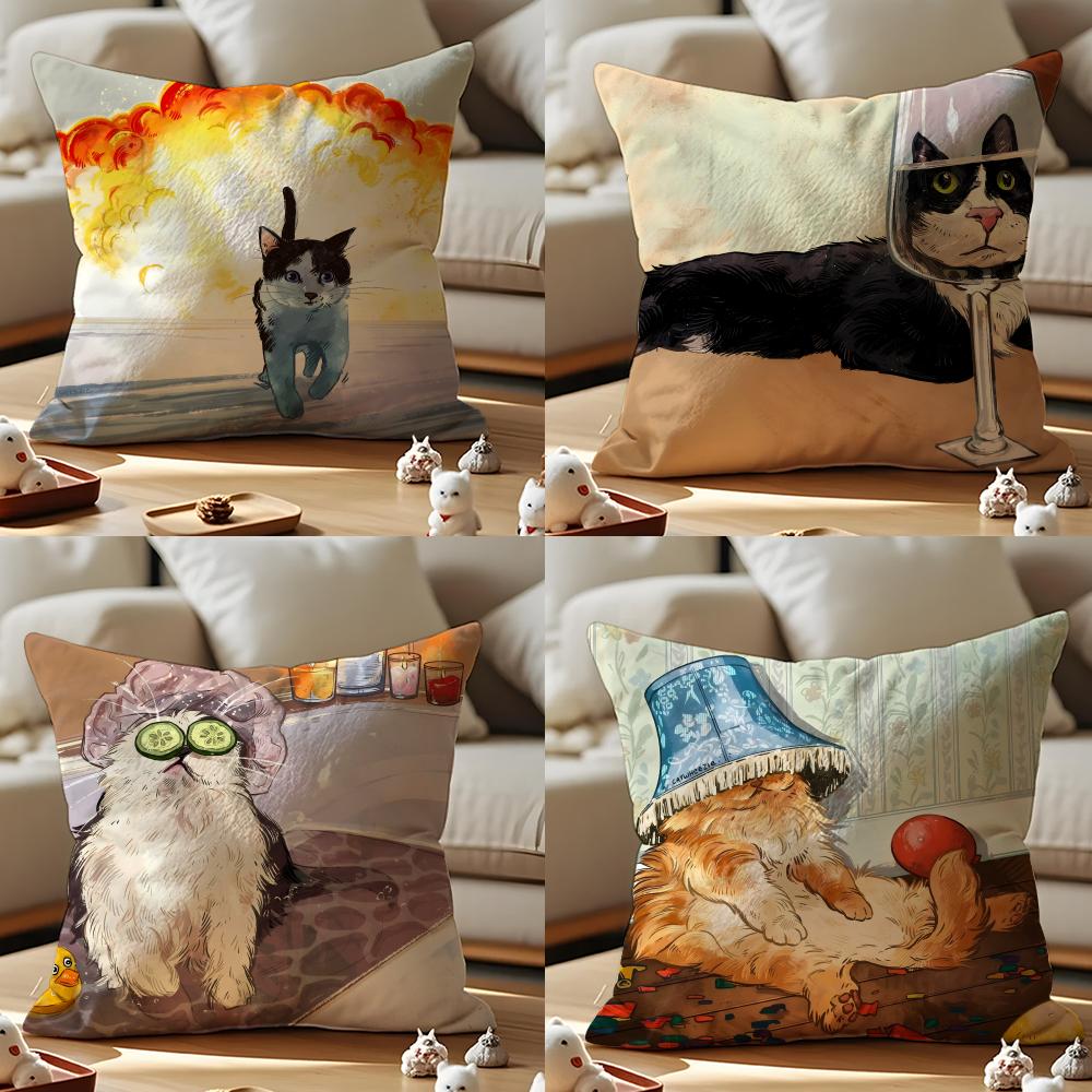 Mischievous Cat Cushion Cover Anti-dustmite Pillowcase Invisible Zipper Silky Short Plush Sofa Cushion Cover