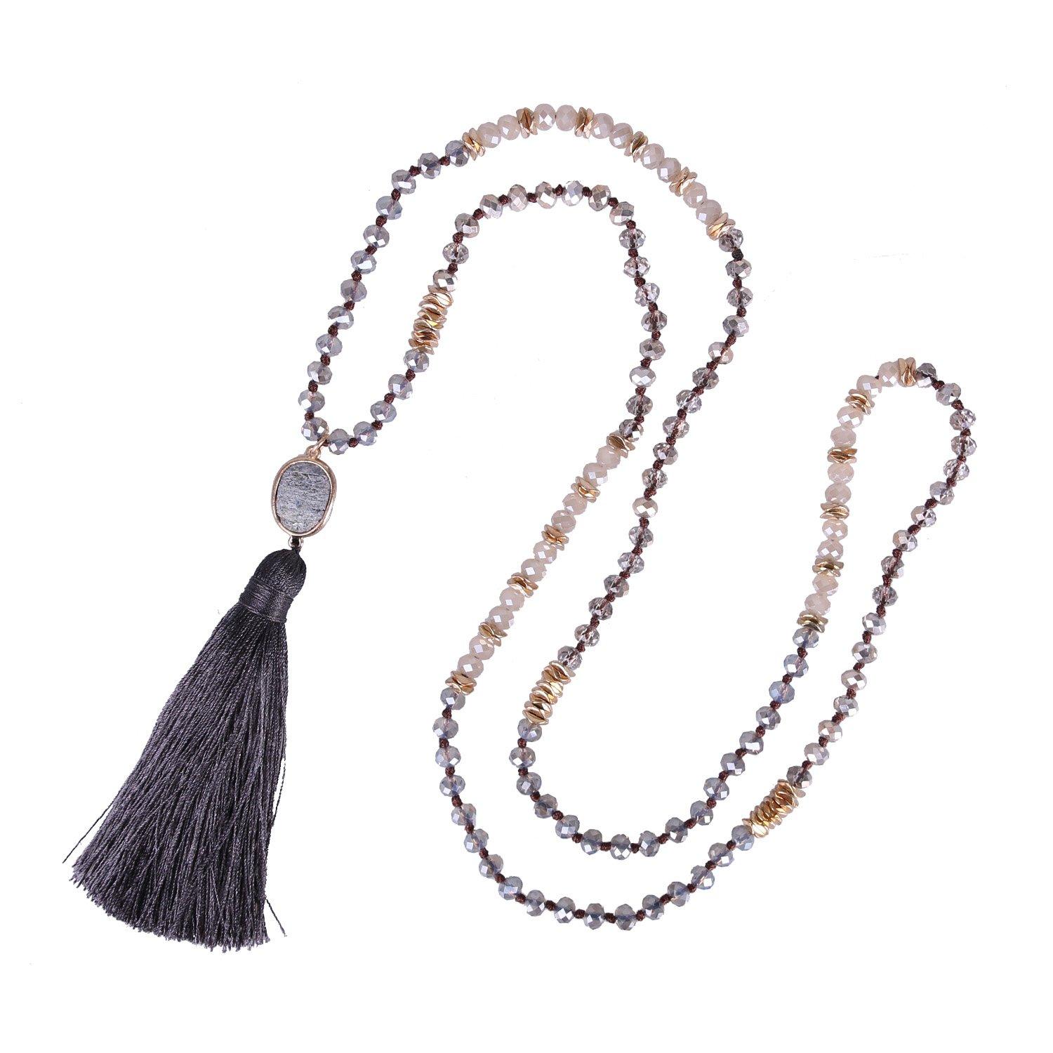 Kelitch 6MM Crystal AB Bead Long Necklace with Colored Tassel and Agate Pendant for Women s Strand Bracelet - Summer (Dark Gray)