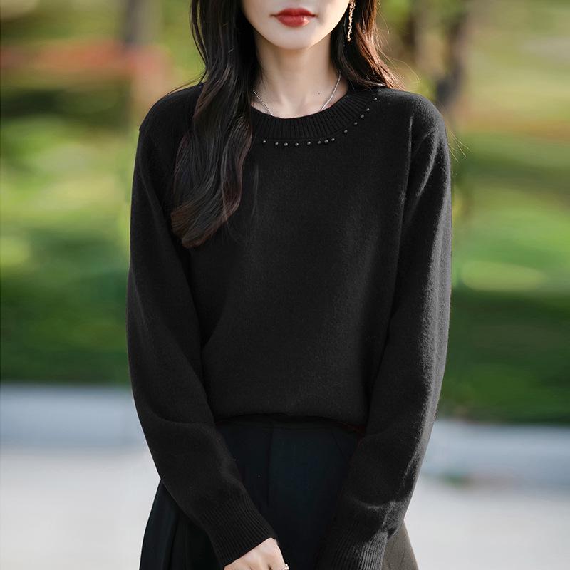 Women's Round Neck Long Sleeve Knit Sweater - Solid Color Loose Fit for Autumn and Winter