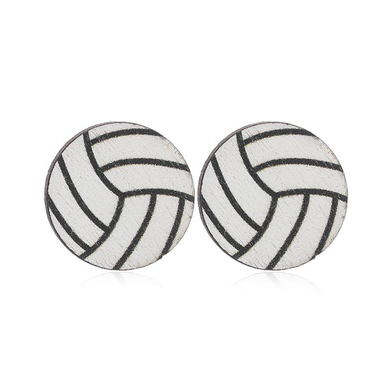 Cow Print Sports Ball Wooden Stud Earrings: Cartoon Volleyball, Football, Basketball Design