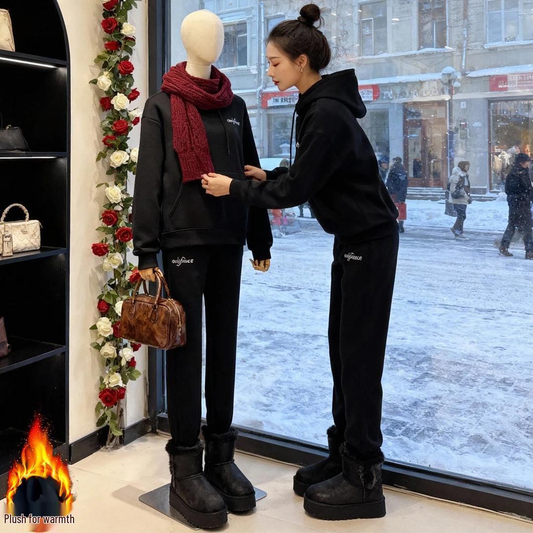 

Velvet-Enhanced Casual Sports Suit - Women s Autumn/Winter 2025: Stylish Hoodie & Jogger Pants Two-Piece Set M