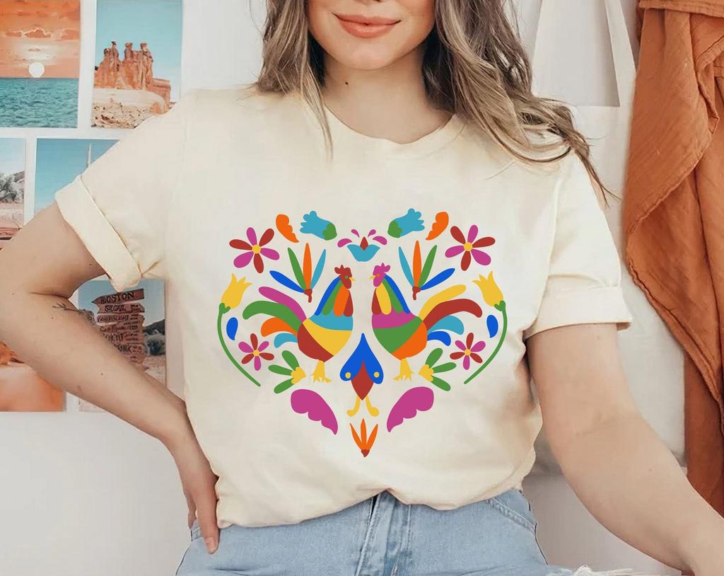 Mexican Otomi Chicken, Floral Chicken Graphic Tees , Flower Chicken T-shirt