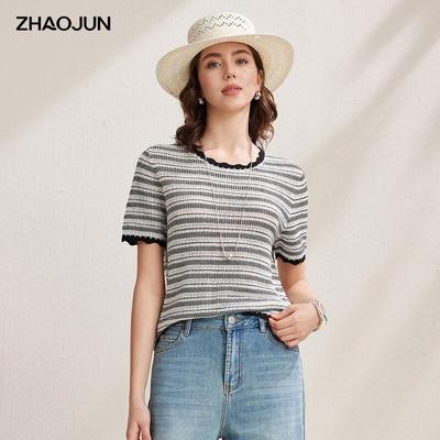 Zhaojun Women's Linen Blend Striped Knit Short Sleeve T-Shirt
