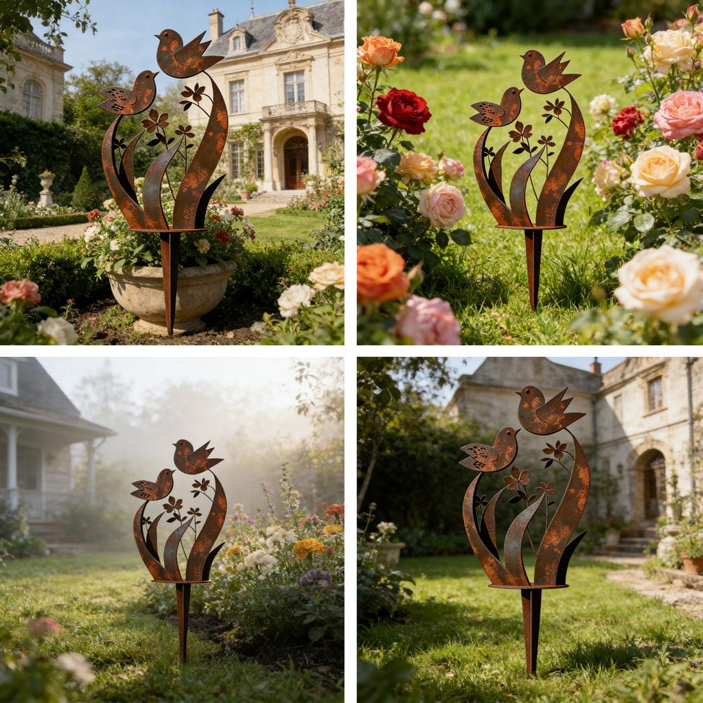 Metall-Gartenstecker mit Vogel- und Blumendesign Dekorative Außenpflanzenstecker für Hof Rasen Rustikales Gartenkunst-Ornament Dekor